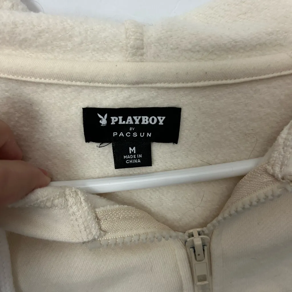 Pacsun Playboy Zip-Up Hoodie light yellow w pink bunny oversized medium - Image 6