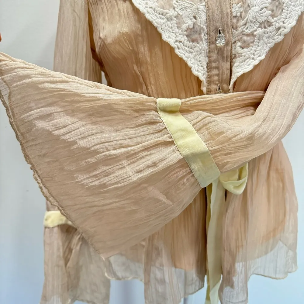 Beige Chiffon Lace Bell Sleeve Top Young Essence Fairy Regency Victorian Medium Tan - Image 8