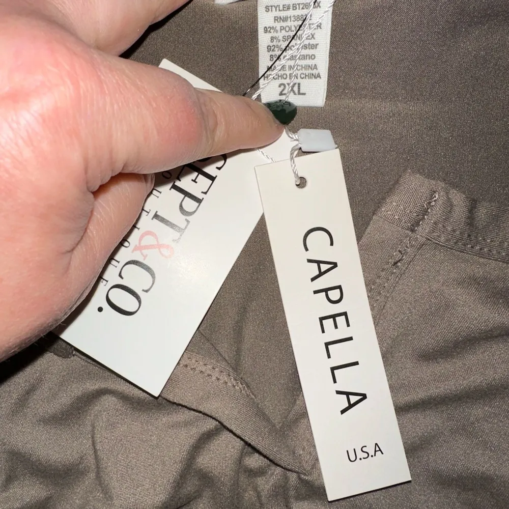 Capella Plus Size Dunkin’ Latte Long Sleeve Split Neck Linen Blend Bodysuit Tan - Image 4