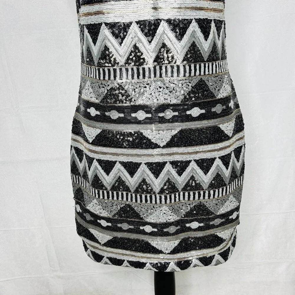 One Love Clothing Sequin V-Neck Minidress Aztec Silver Black Gold Women's Sz M - Image 3