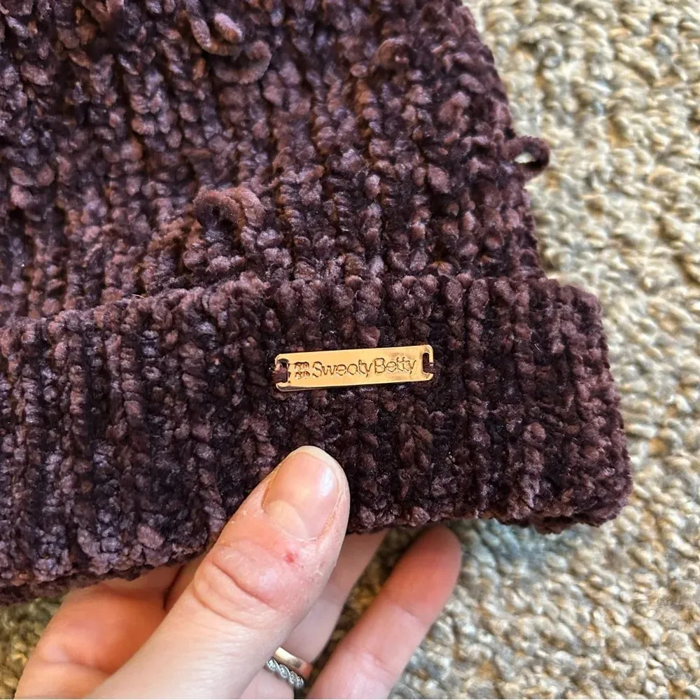 Sweaty Betty Purple Soft Knit White Pom Pom Beanie OS - Image 2