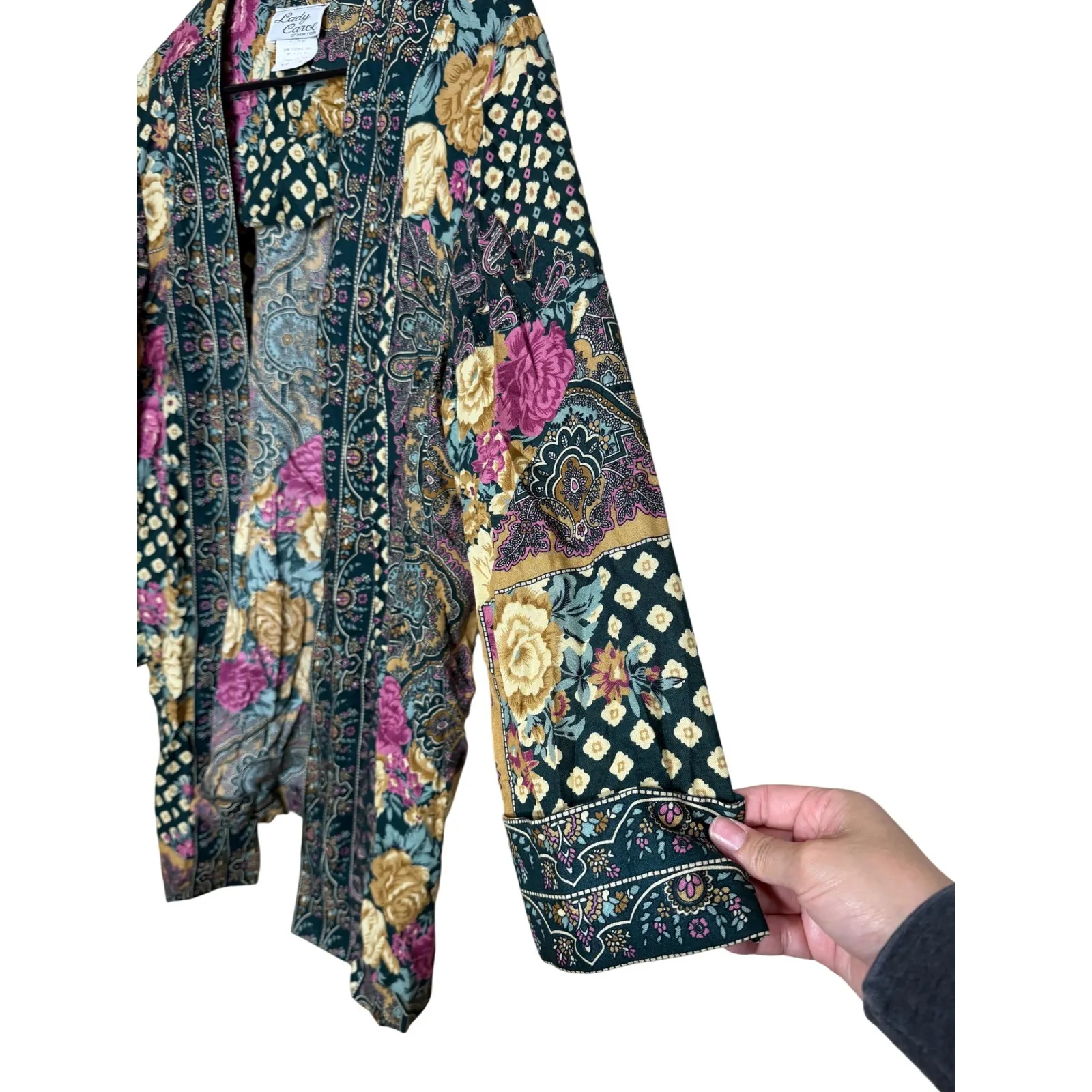 Lady Carol Of New York Patchwork Floral Paisley Kimono Cardigan Duster Size 12 Green - Image 3