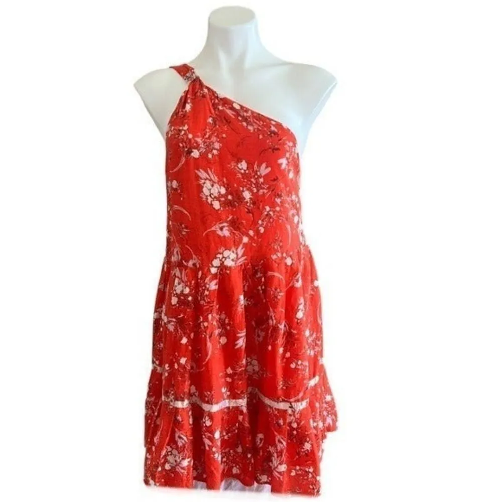 FREE PEOPLE All Mine Red Floral One Shoulder Ruffle Hem Mini Dress Size XS - Image 3