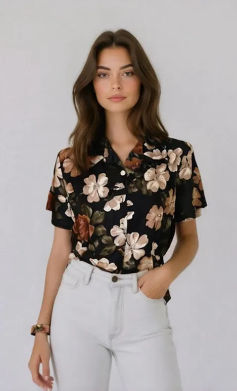 Karin Stevens Womens Blouse 10 Black Brown Vintage Floral Print Shoulder Pads - Image 1