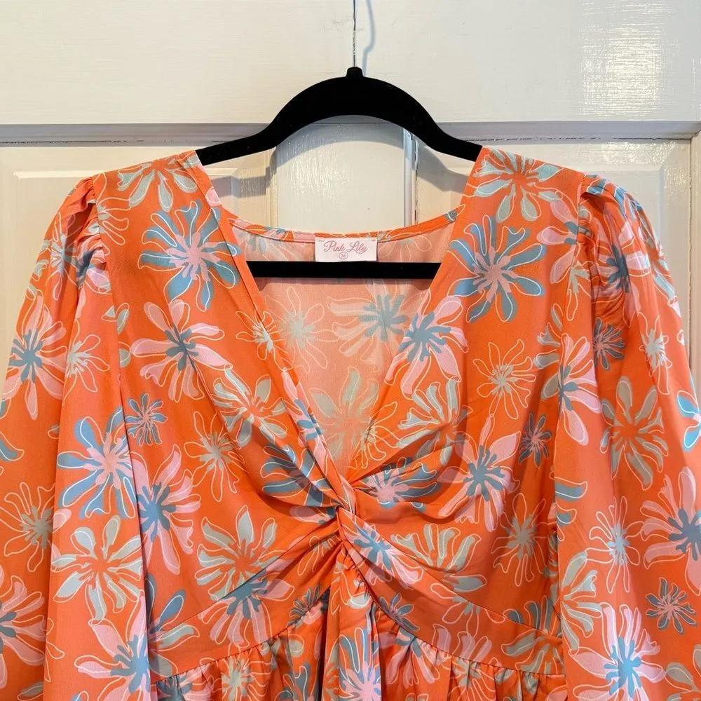Pink Lily Morning Mimosas Tiered Floral Mini Dress Orange Blue Pink Medium‎ - Image 3
