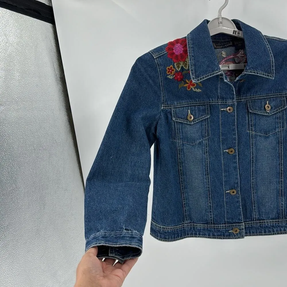 Life Style late 90s embroidered denim jacket granola girl semi cropped size M Size M - Image 9