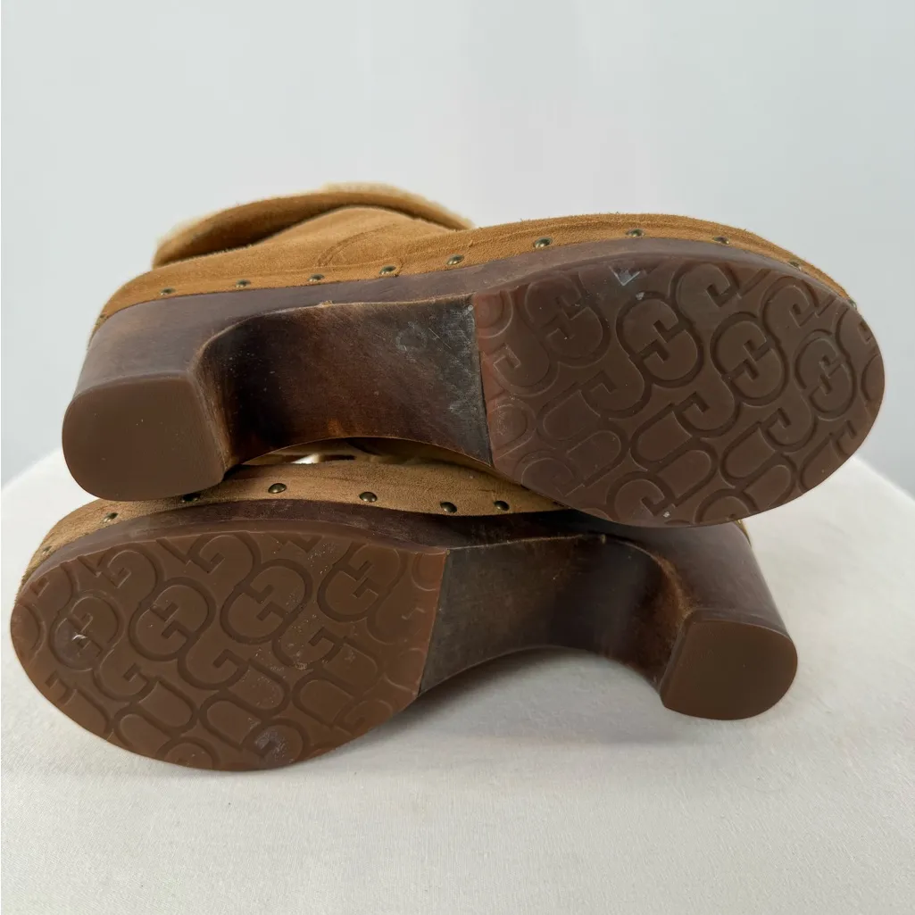 UGG Lynnea Fold‎ Over Suede Shearling Clog Boot in Brown Size 7 - Image 9