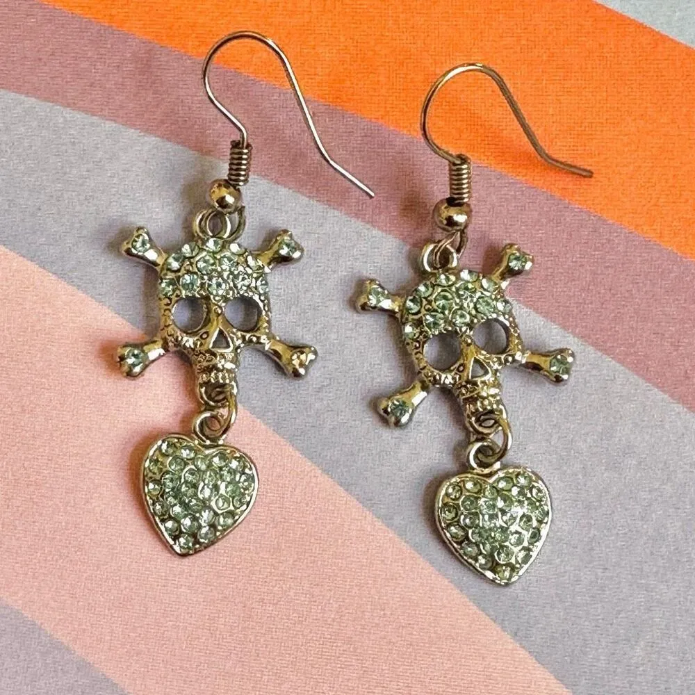 Blue skull and heart rhinestone drop earrings - Image 9