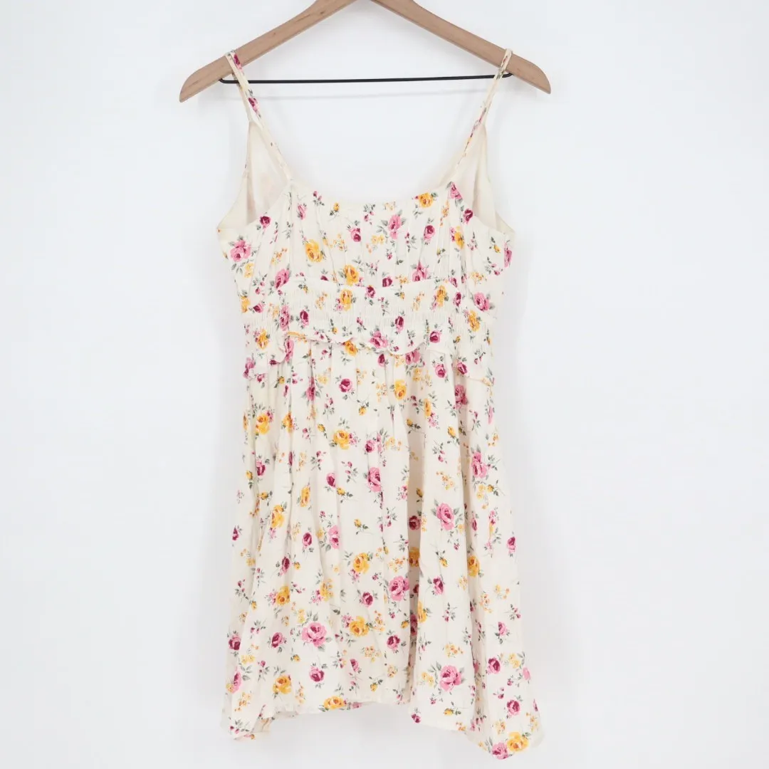 ROWA Floral Print Mini Dress Cream Pink Yellow Spaghetti Strap V Neck L White Size L - Image 5