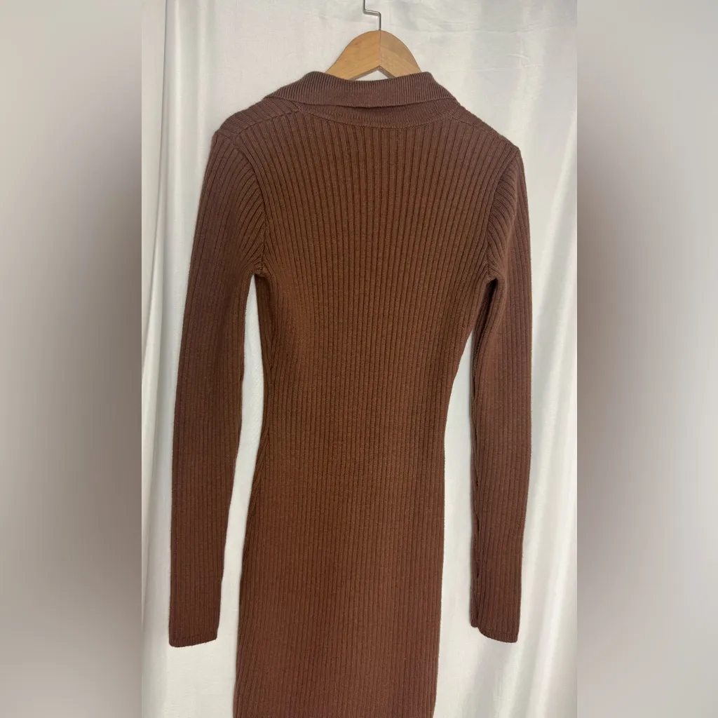 Hollister Brown Ribbed Knit Dress long sleeve collar Small - Image 4