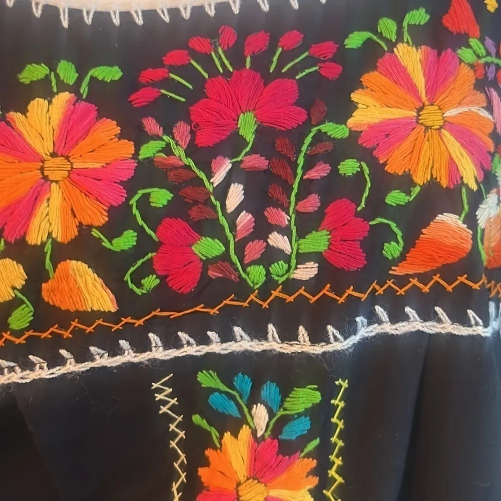 Handmade Embroidered Mexican maxi Dress colorful flowers peacock size Large Blue Size M - Image 5