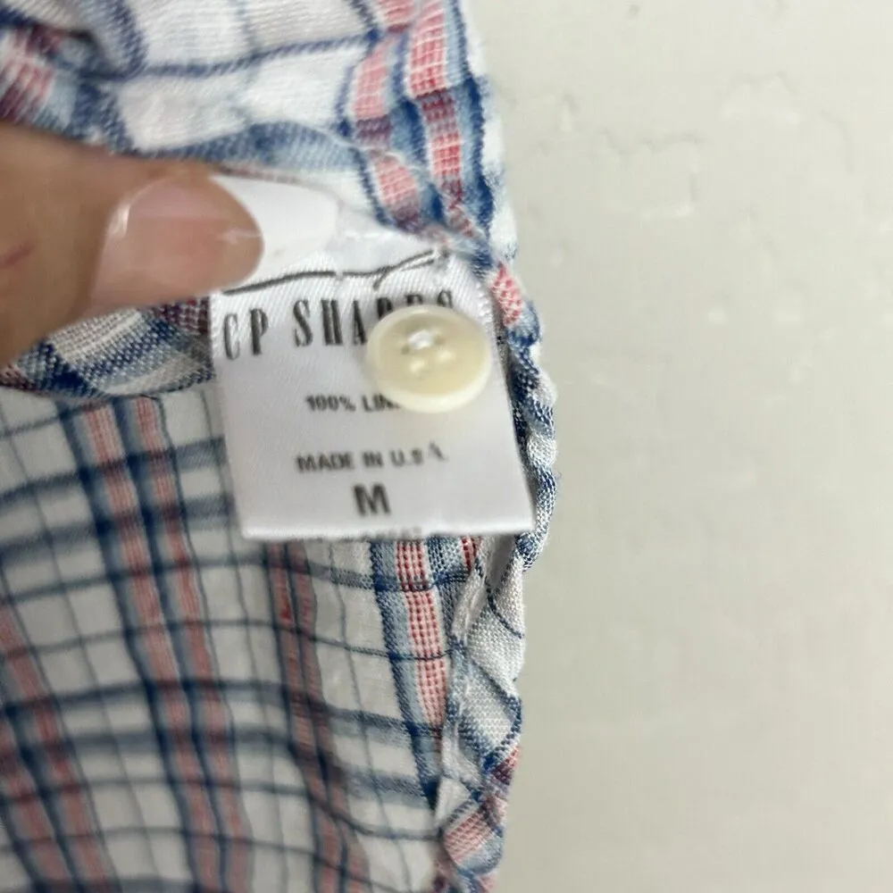 CP Shades Shirt Womens M Plaid Short Sleeve Button Up Tie Front Top 100% Linen - Image 8