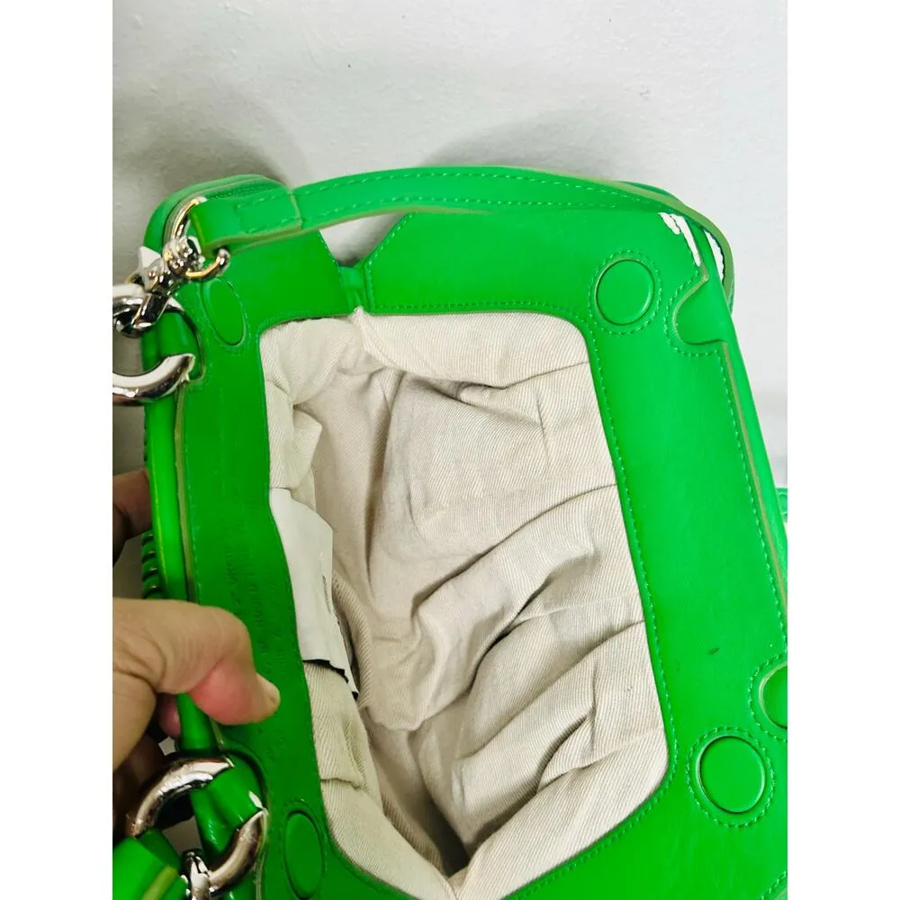 THEMOIRé Green Leather Magnetic Closure Puffy Trim Tia Plissa Bag Purse - Image 13