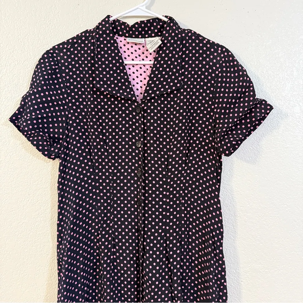 White Stag Polka Dot Black and Pink Midi Dress Women’s Sz M - Image 5