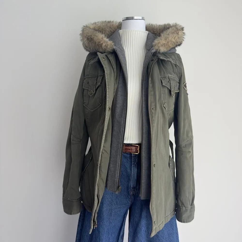 Buffalo Parka Jacket Womens Large Green Y2K Faux Fur Hoodie Military Bella Swan - Image 2