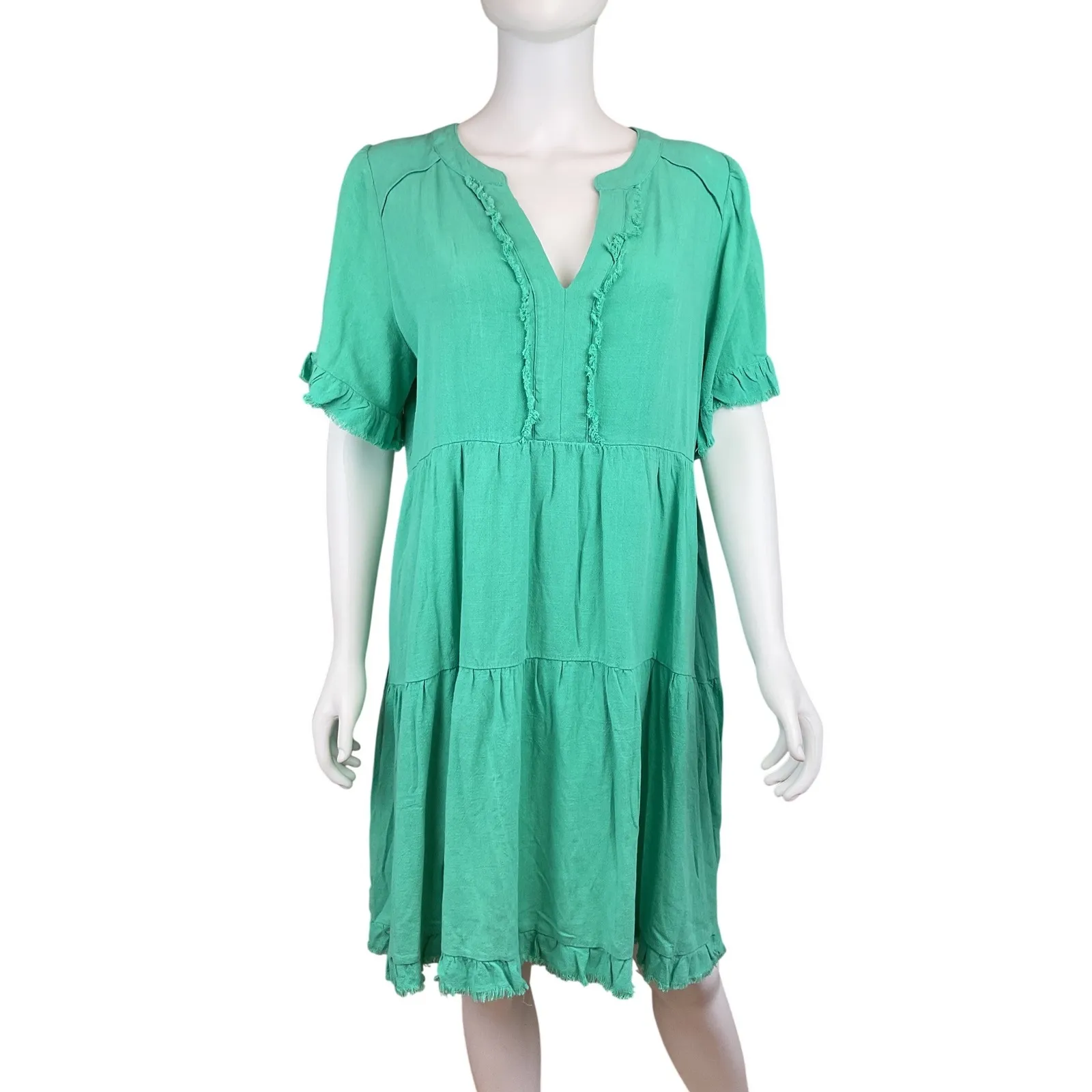 Umgee Green Tiered Frayed Hem V Neck Short Sleeve Casual Dress Size Medium - Image 4