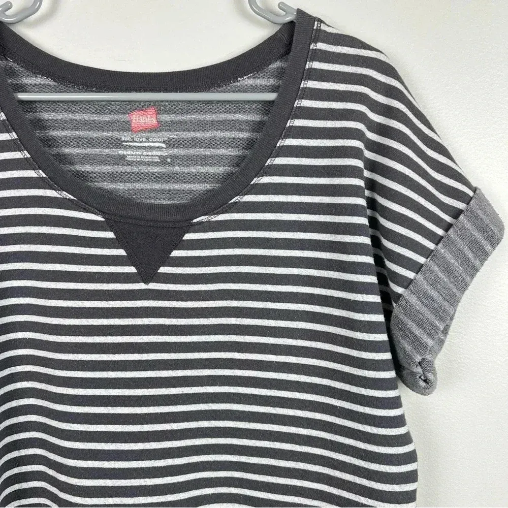 Hanes Women’s Short Sleeve Cuffed Scoop Neck Striped Shirt‎ Gray White, Size Med - Image 4