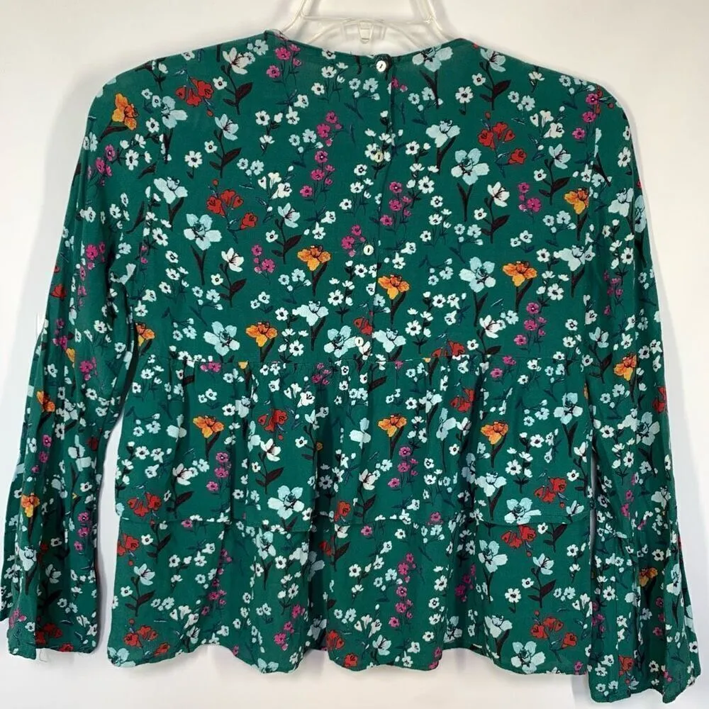 Zara Women's Floral Allover Print Peplum Long Sleeve Top Green Size Small - Image 6
