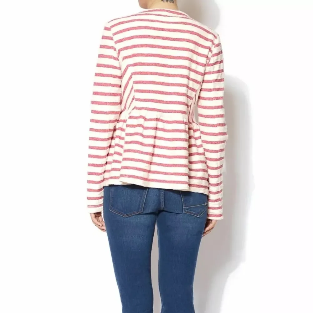 Free People Full Zip Peplum Striped Tweed Jacket in Ivory/Red Size M - Image 3