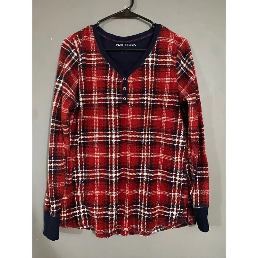 Nautica Red Blue Plaid Long Sleeve Pajama Pants Set Size Medium - Image 4