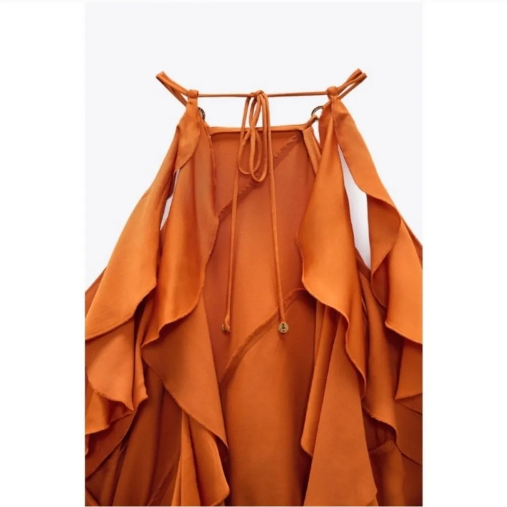 NEW Zara Orange Satin Ruffle Draped Off Shoulder Tank Top Blouse Small - Image 7