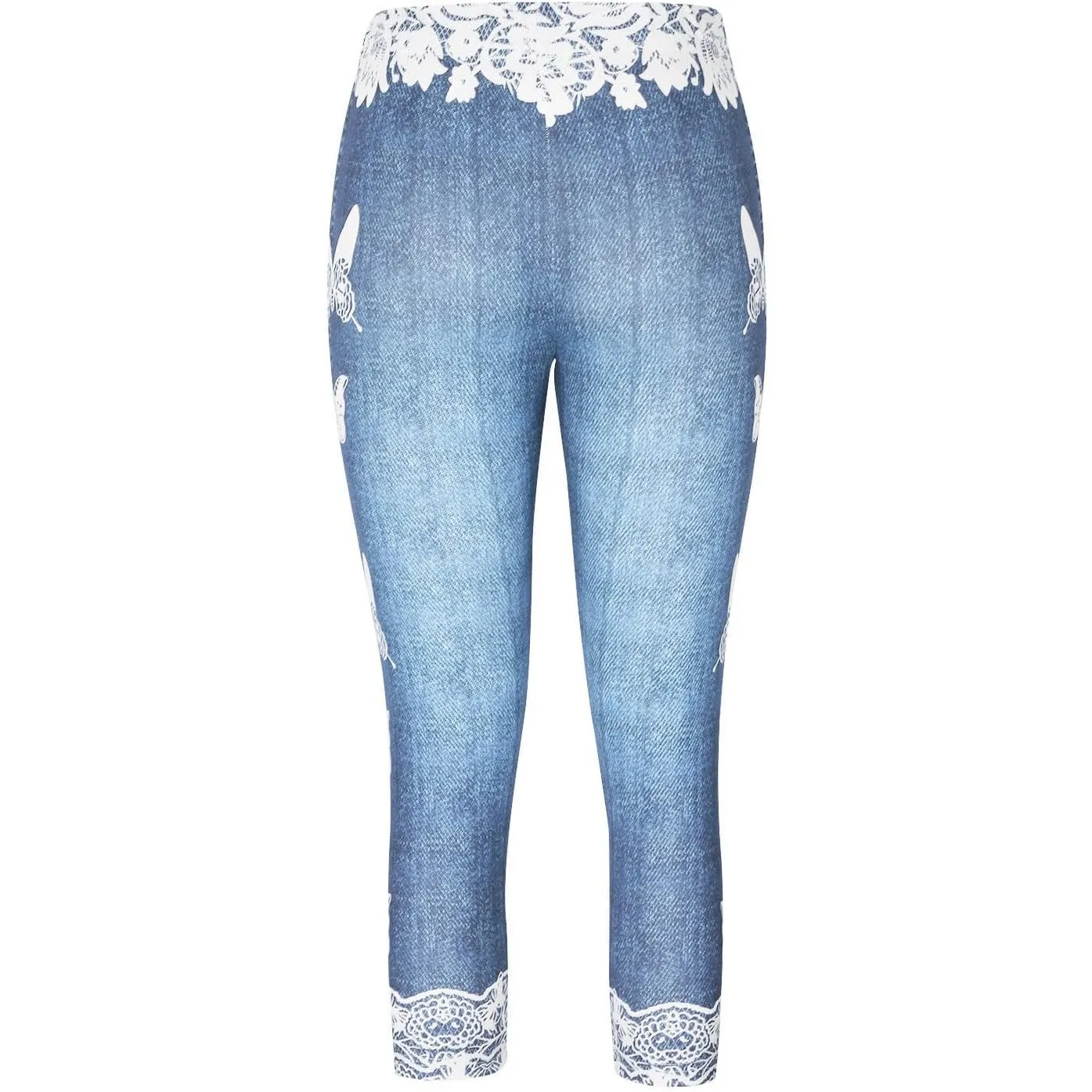 NWT ~ Women's Denim Look Blue & White Butterfly Capri Leggings ~ Size XL - Image 3