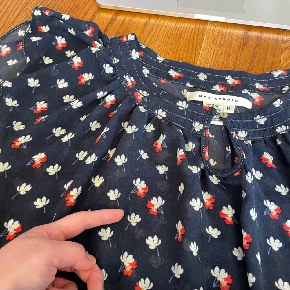 MAX STUDIO Bubble Hem Blouse Navy Blue White Coral Red Floral Short Sleeve Boho - Image 15