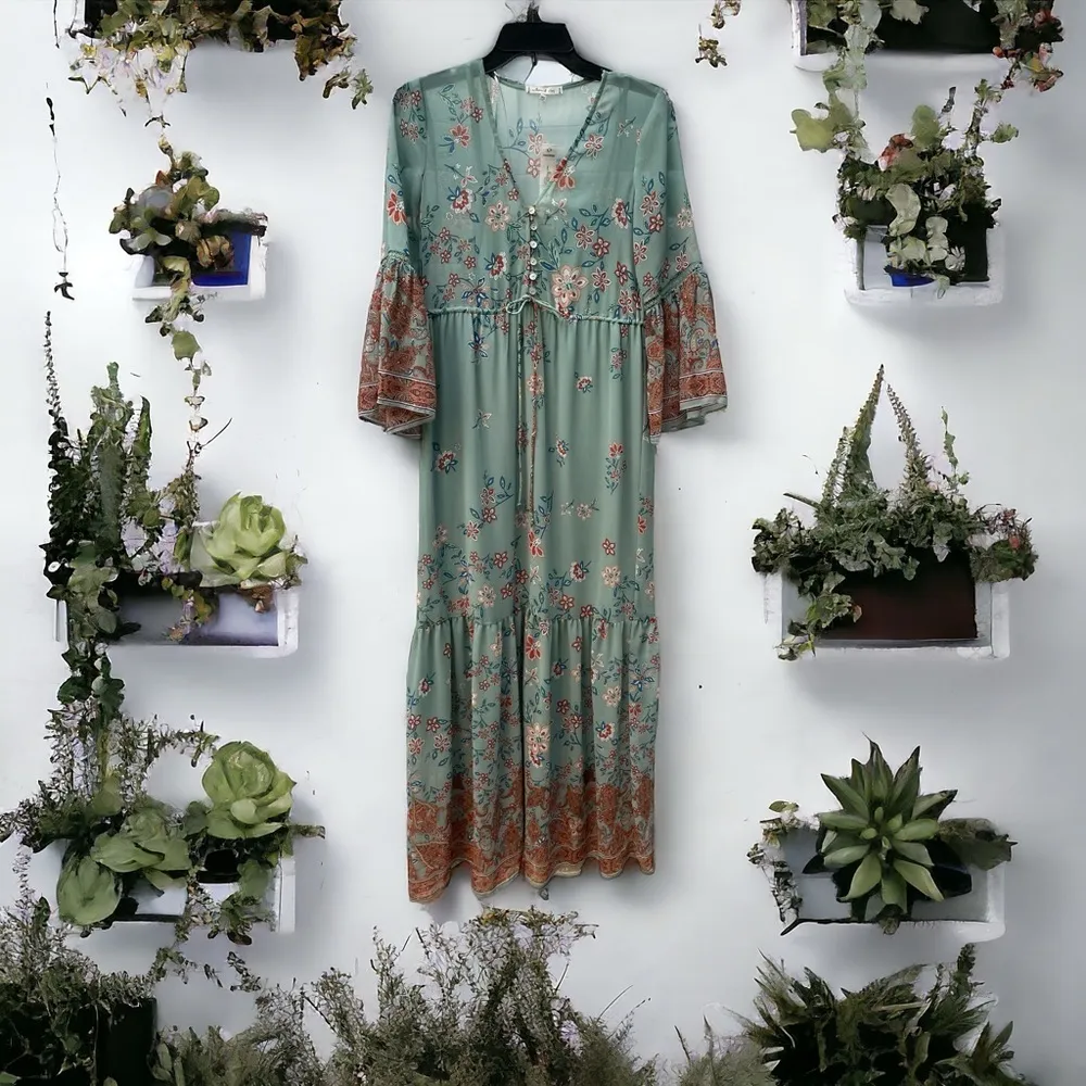 Anthropologie Willow & Clay Blue
Boho Floral Printed Chiffon Julia
Maxi Dress XS - Image 4