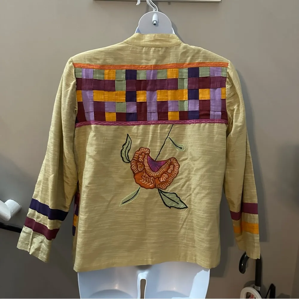 Indigo Moon Women’s Large VTG Patchwork Embroidered Floral Jacket Blazer Casual Tan - Image 2