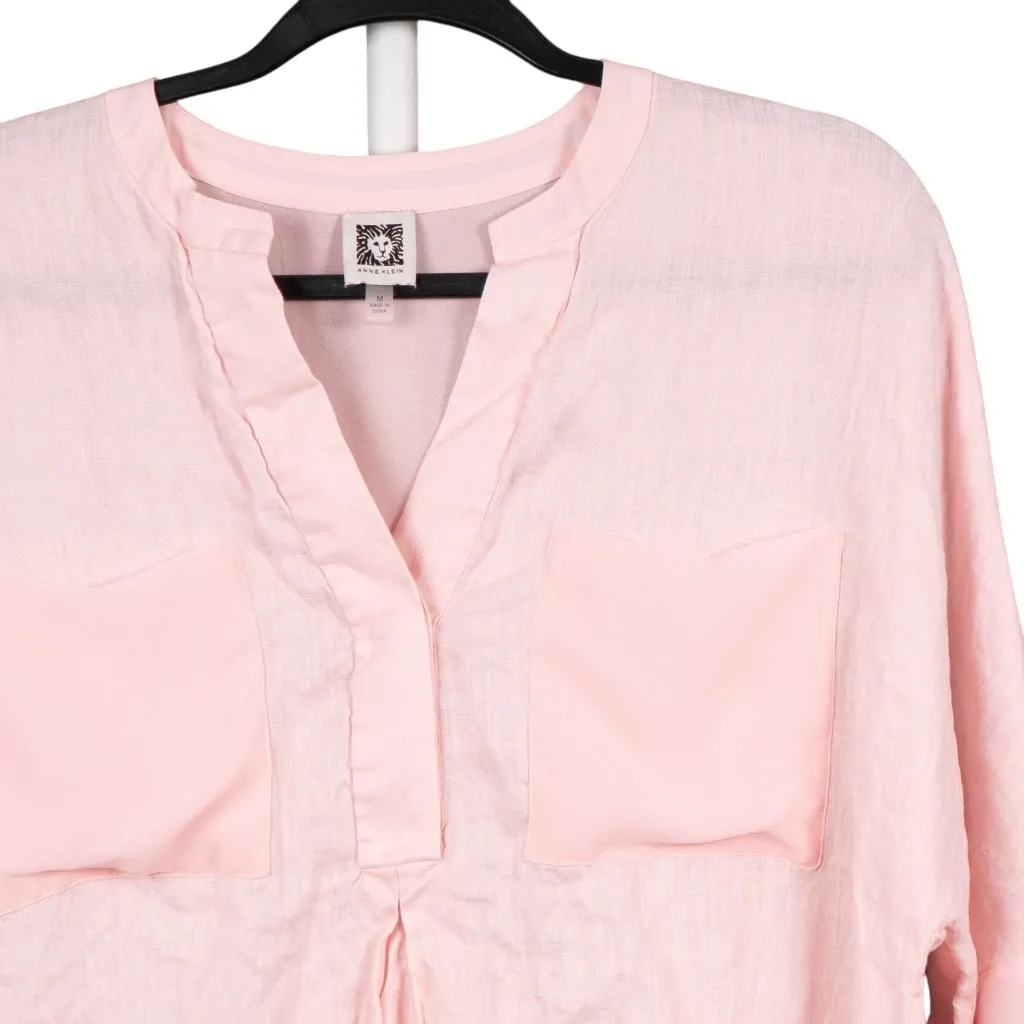 Anne Klein Linen Tunic Shirt M Womens Pink High-Low VNeck Short Sleeve Spring - Image 2