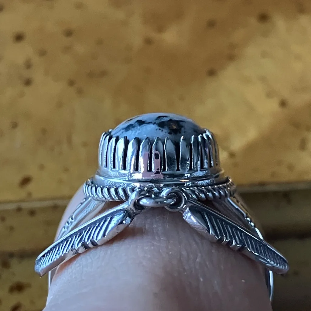 White Buffalo Turquoise Sterling Silver Feather Ring Size 8 Black - Image 2