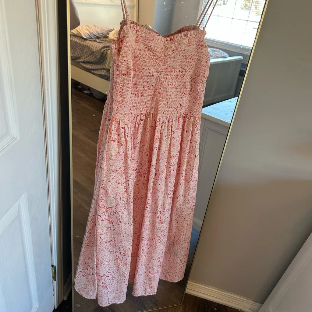 H&M Babydoll Dress Womens Large Pink Floral Sleeveless Smocked Romantic Boho - Image 4