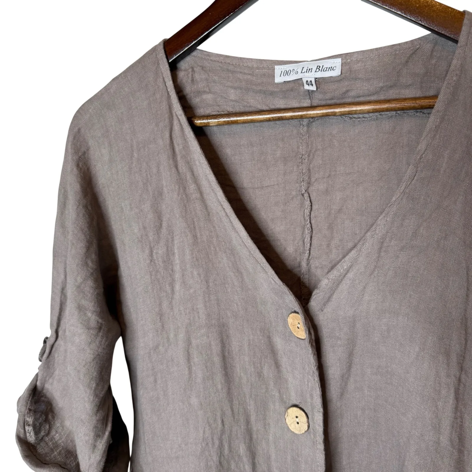 100% LIN BLANC Shirt Linen Button Front Taupe Size 44 / US Medium Brown - Image 4
