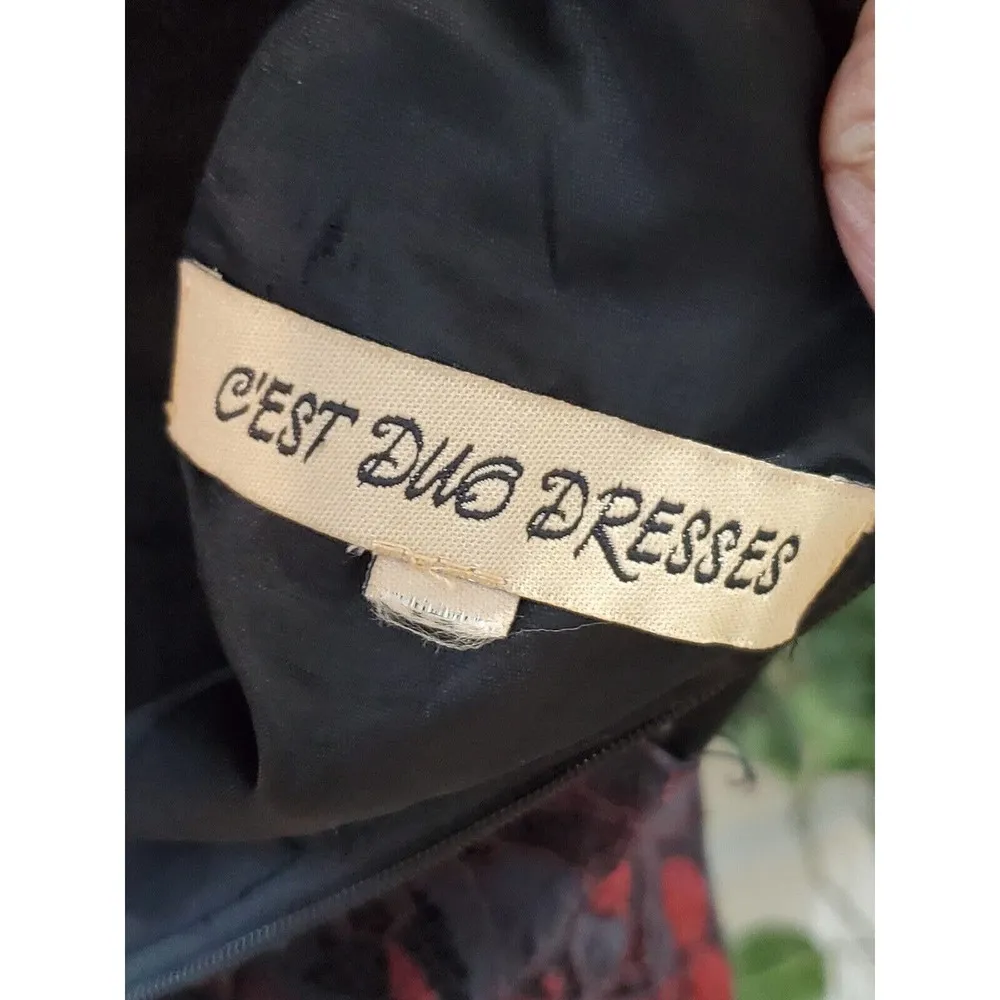 Cest Duo Women Black Floral Polyester Round Neck Short Sleeve Knee Length Dress Size undefined - Image 8