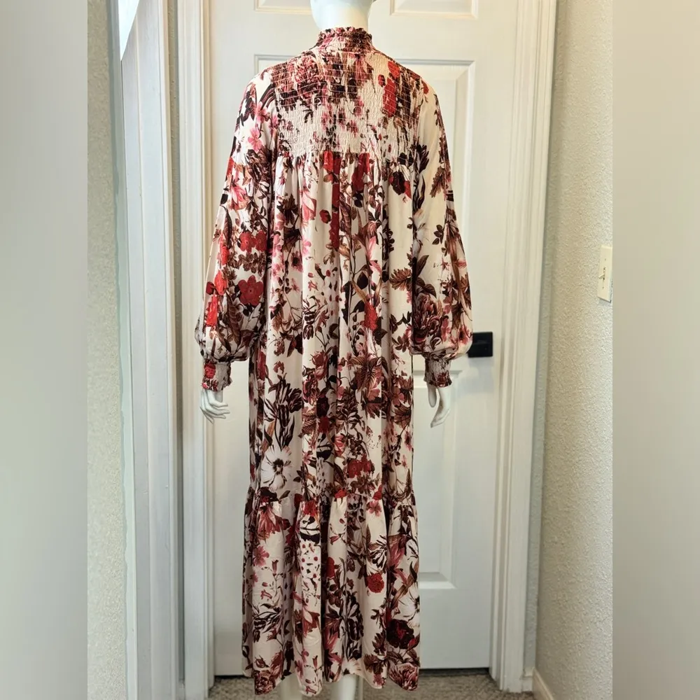 H&M 100% Viscose Romantic Red and Cream Floral Long Sleeve Dress Size 2 D16 - Image 3