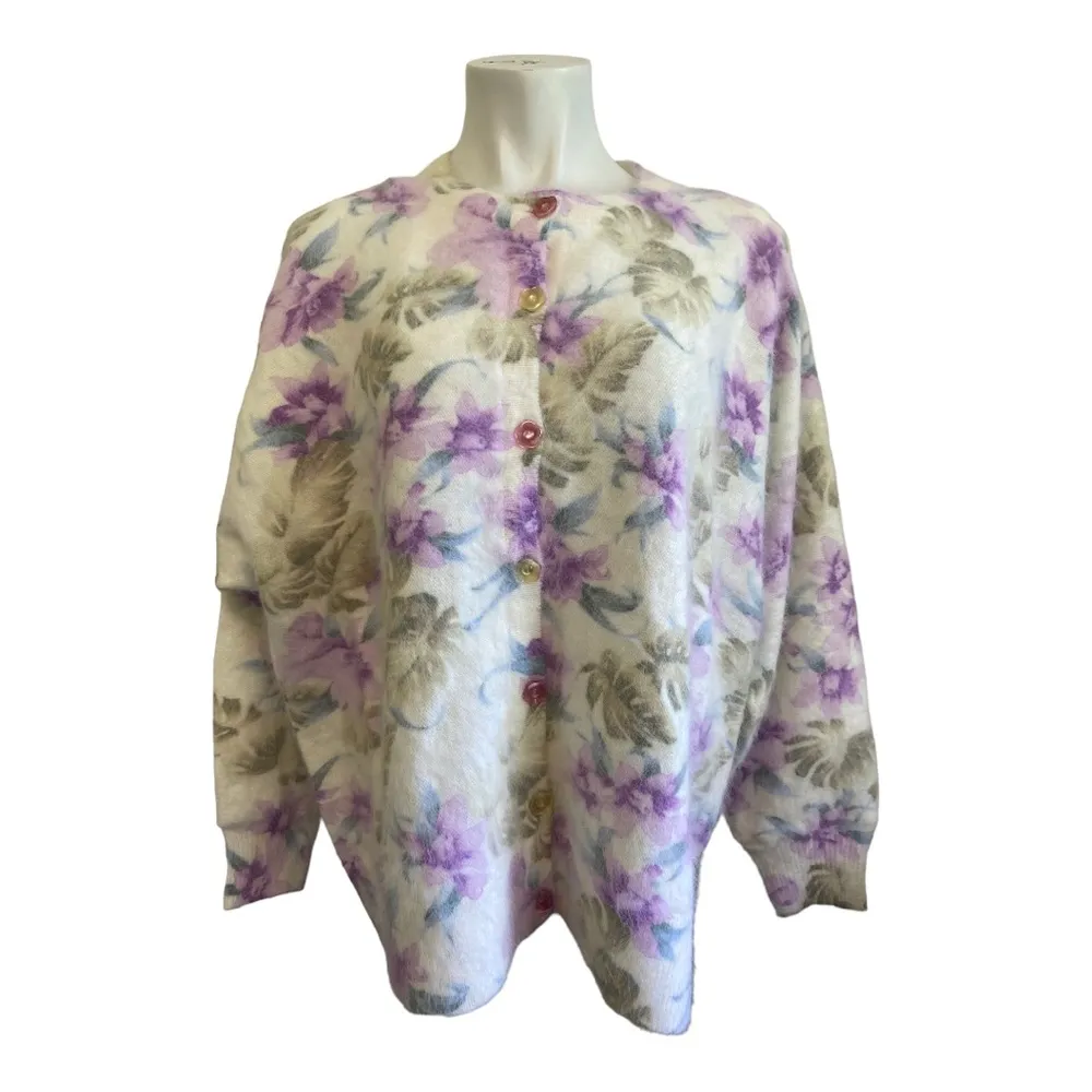 Lee Sands Women’s Orchid and Monstera Print Angora Cardigan Sweater Size 1X NWOT - Image 4