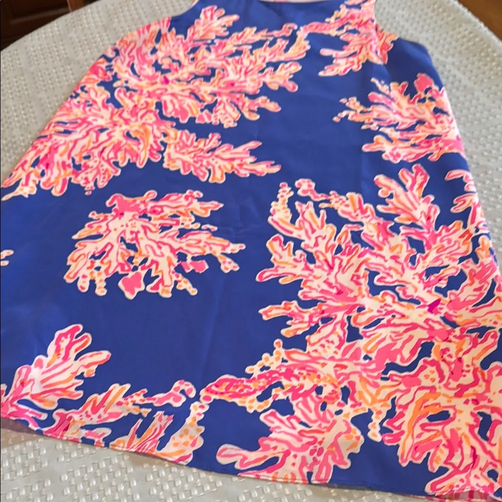 New Womens Lilly Pulitzer Blue & Pink Tropical Coral Print Silk Dress size Xs - Image 4