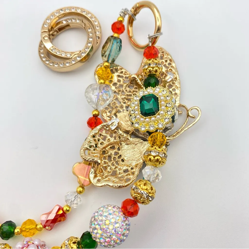 🧡Luxury Bag/Phone Chain Charm/Keychain Colorful Filigree Butterfly Orange Beads - Image 9