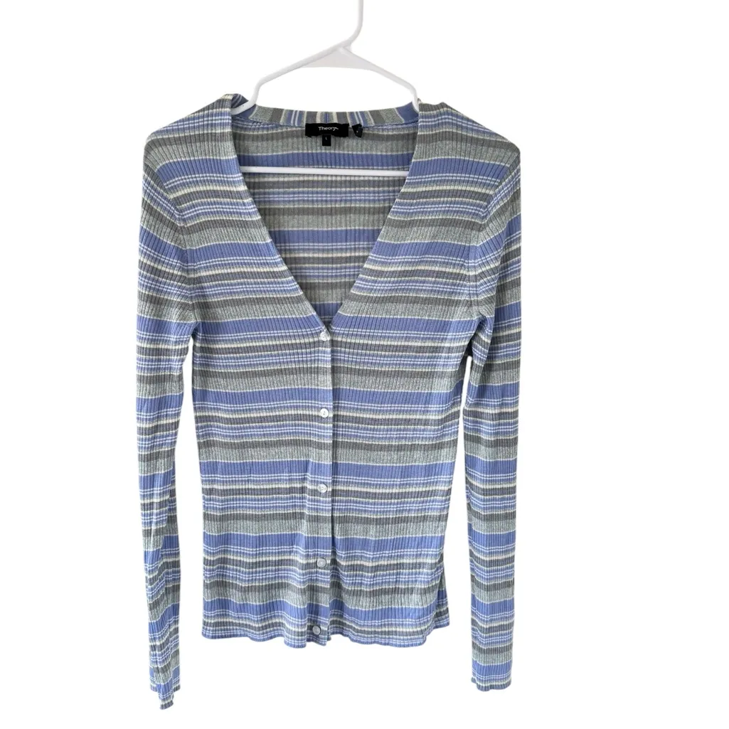 Theory Striped Cardigan in Washable Silk - Image 6