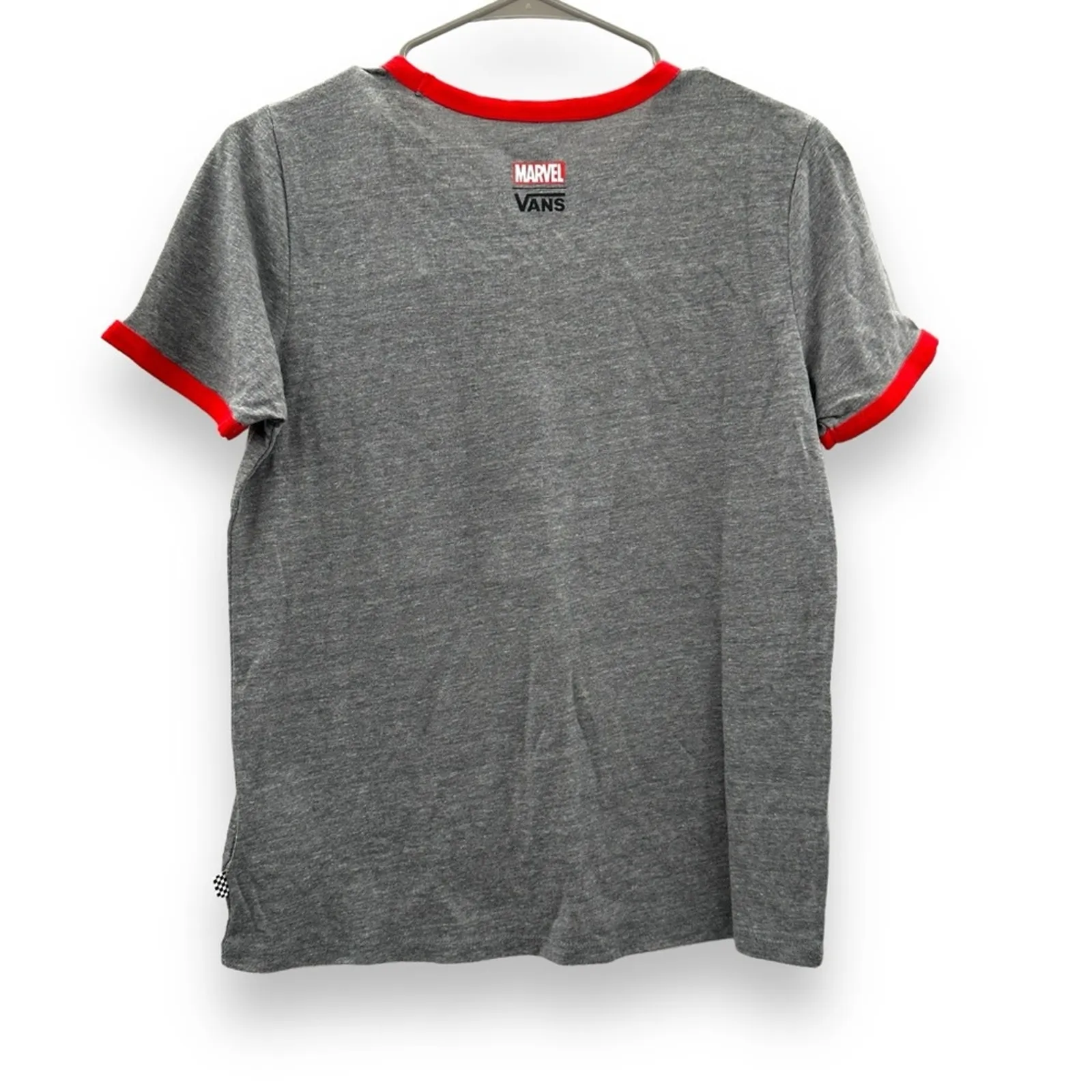 Vans Off The Wall Women's X Captain‎ Marvel Ringer Tee Shirt in Grey Racing Red - Image 5