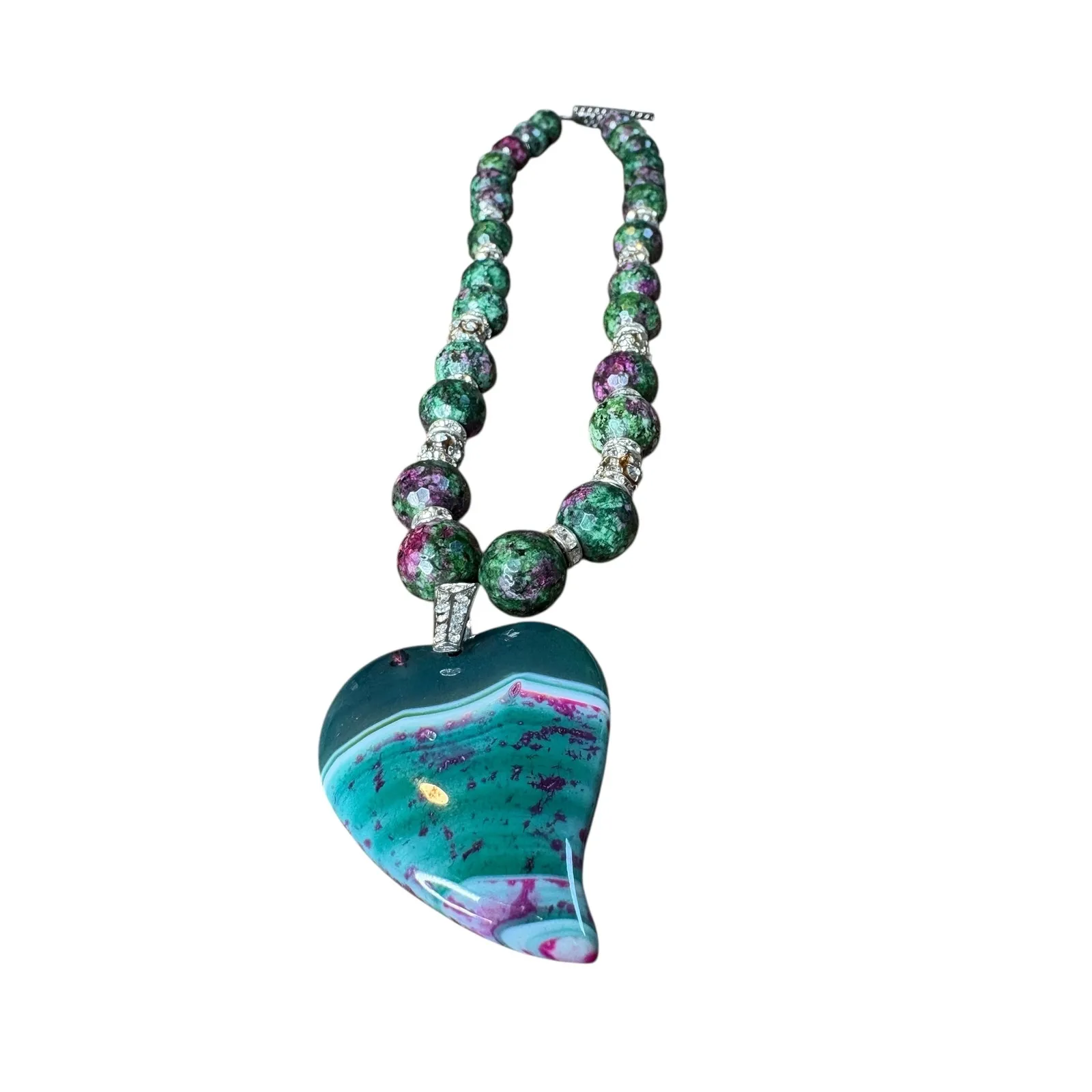 Ruby Zoisite & Green Banded Agate Heart Necklace Beaded Statement Piece Boho - Image 2