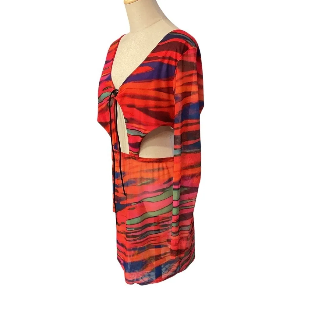 PrettyLittleThing Women's Multicolor Lined Long Sleeve Cut Out Mini Dress‎ Sz 14 - Image 3
