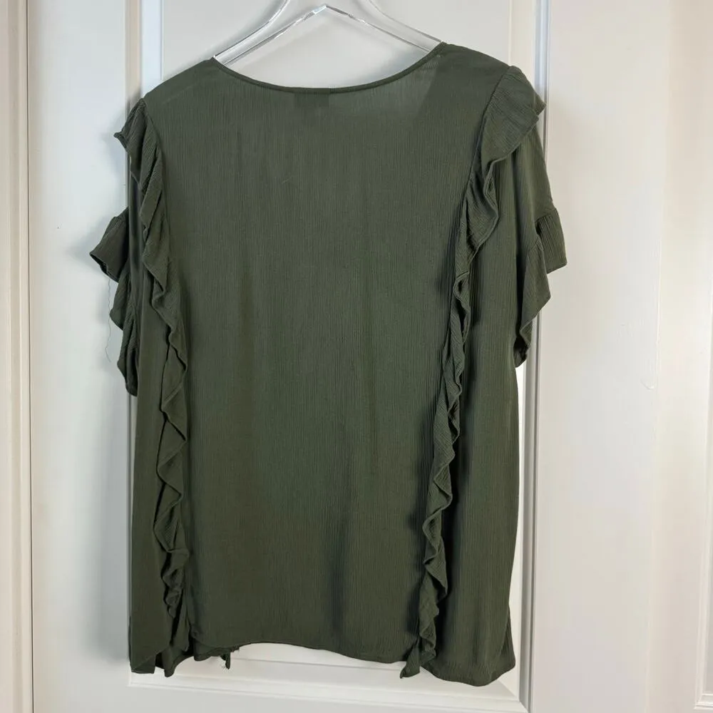 A.N.A. Embroidered Ruffle Top Olive Floral Tassle Tie XL - Image 2