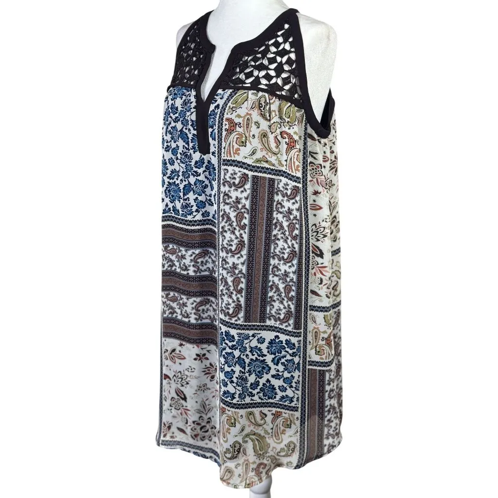 Blu Heaven Size M Top Tunic Womens Patchwork Print Sleeveless Crochet Yoke Brown Size M - Image 5