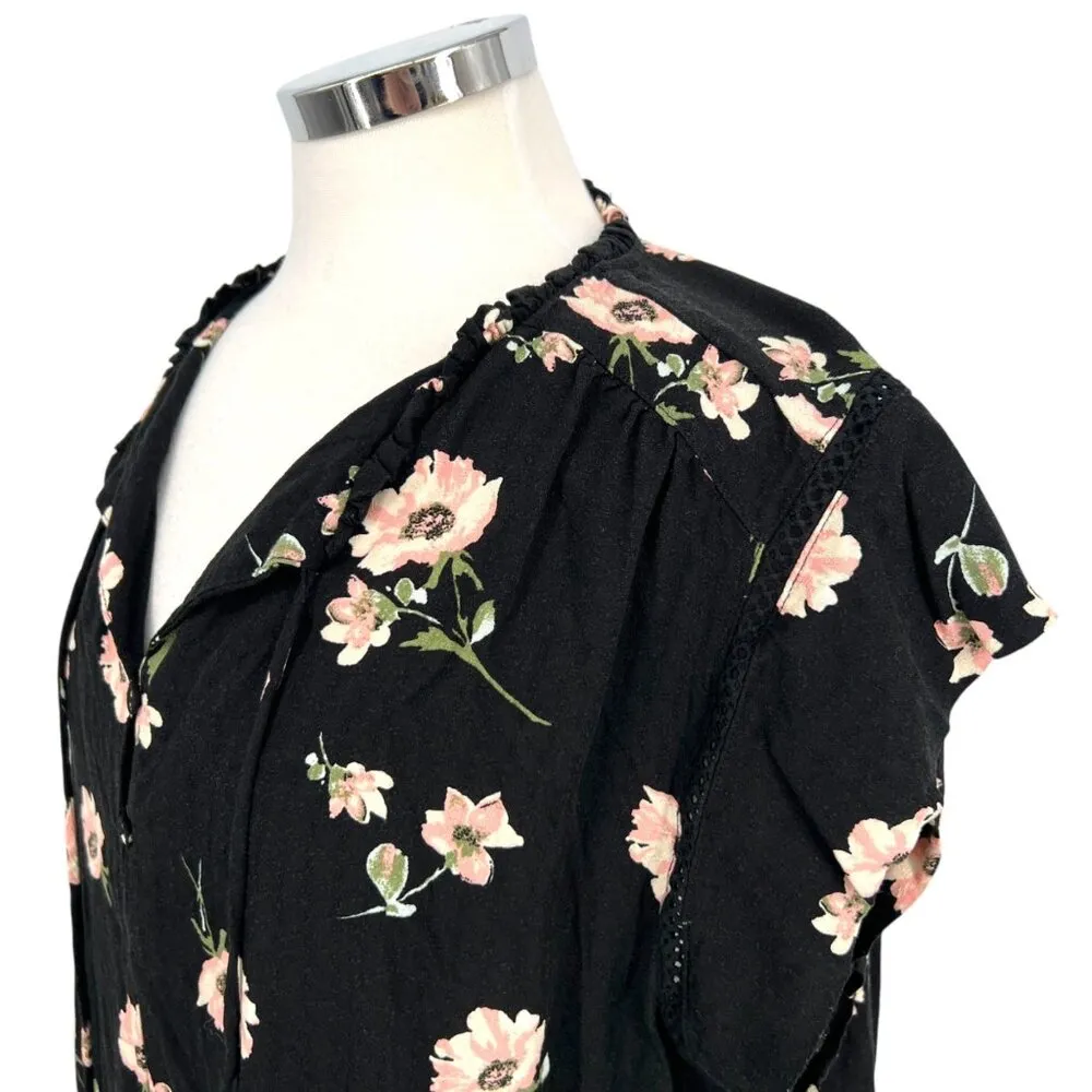 Buffalo David Bitton Floral Short Sleeve Blouse Black Pink Lightweight Size XL - Image 5