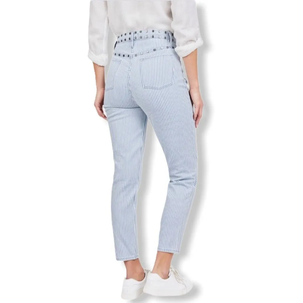 Juicy Couture High Rise White Blue Stripe Girlfriend Jeans with Studded Detail - Image 2