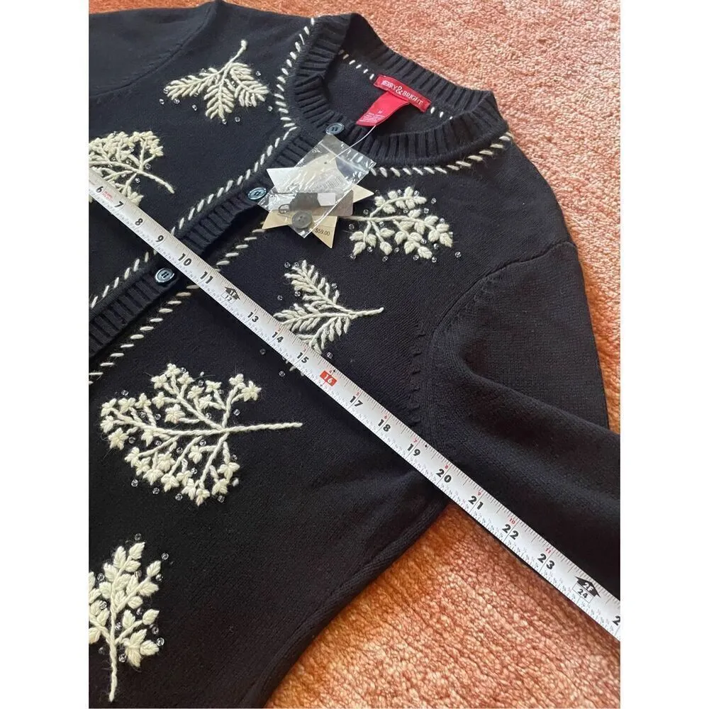 NWT Merry & Bright Womens Christmas Holiday Cardigan Sweater Size M Embroidered Black Size M - Image 3