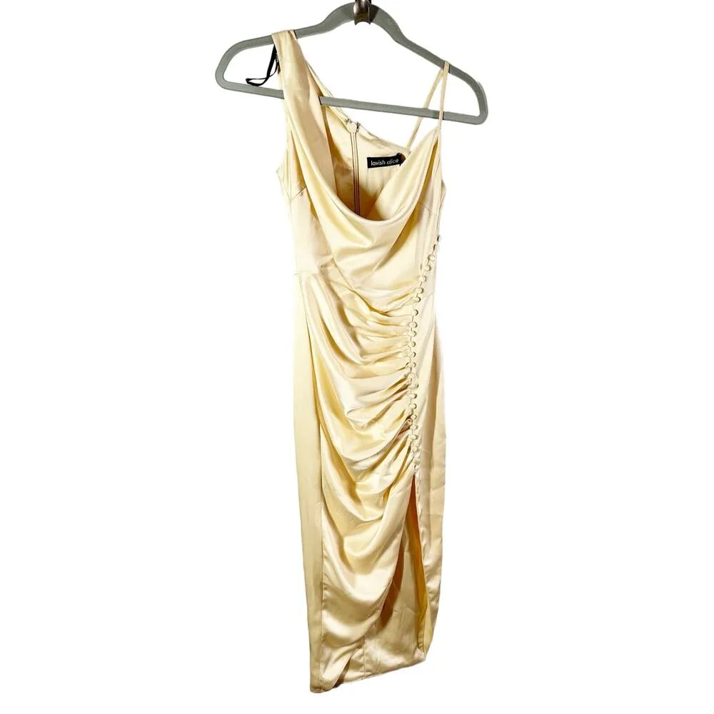 Lavish Alice Satin Cowl Neck Button Detail Formal Midi Dress US 0 Cream - Image 2