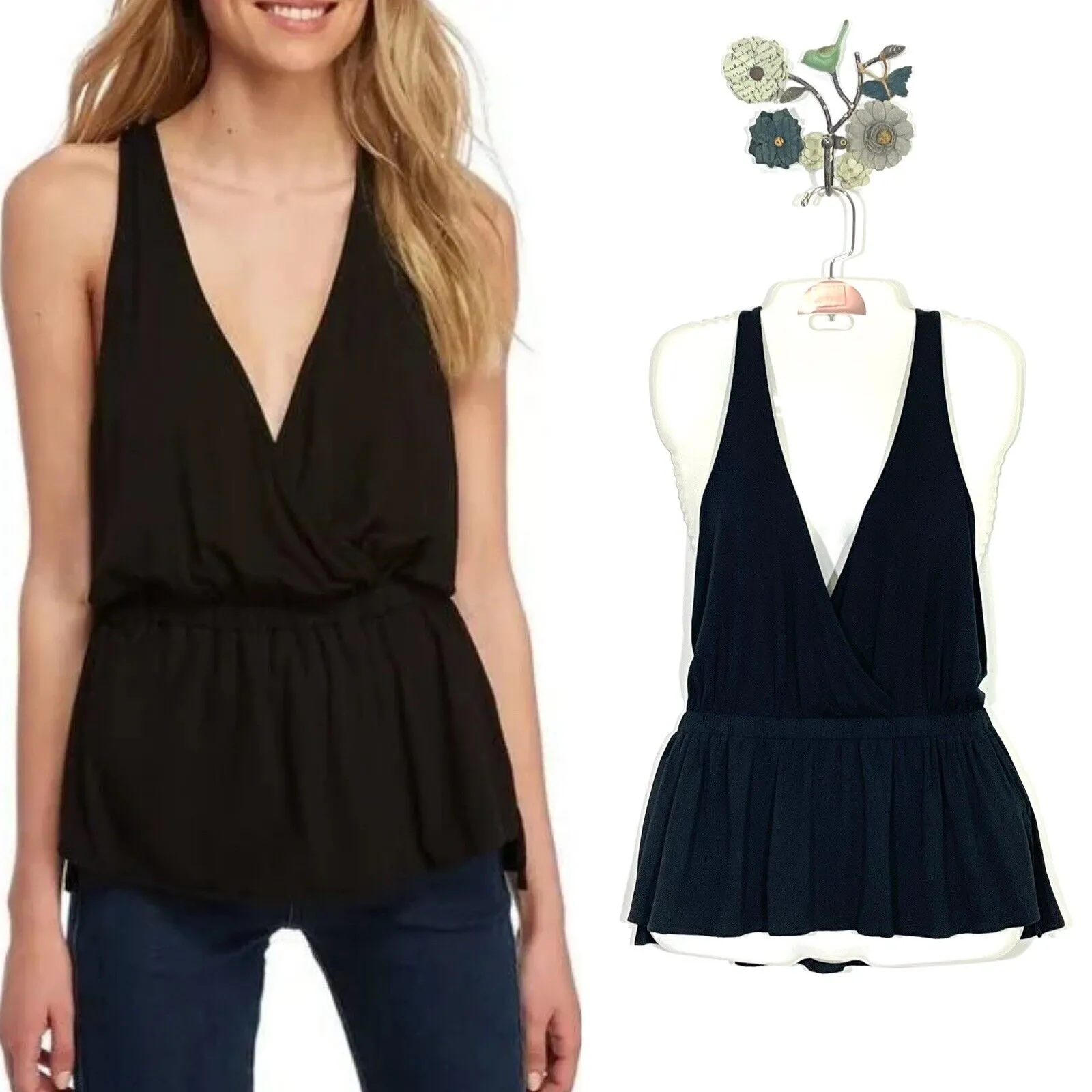 Free People We the Free Heatwave V Neck Black Peplum Tank Top Size Small - Image 2