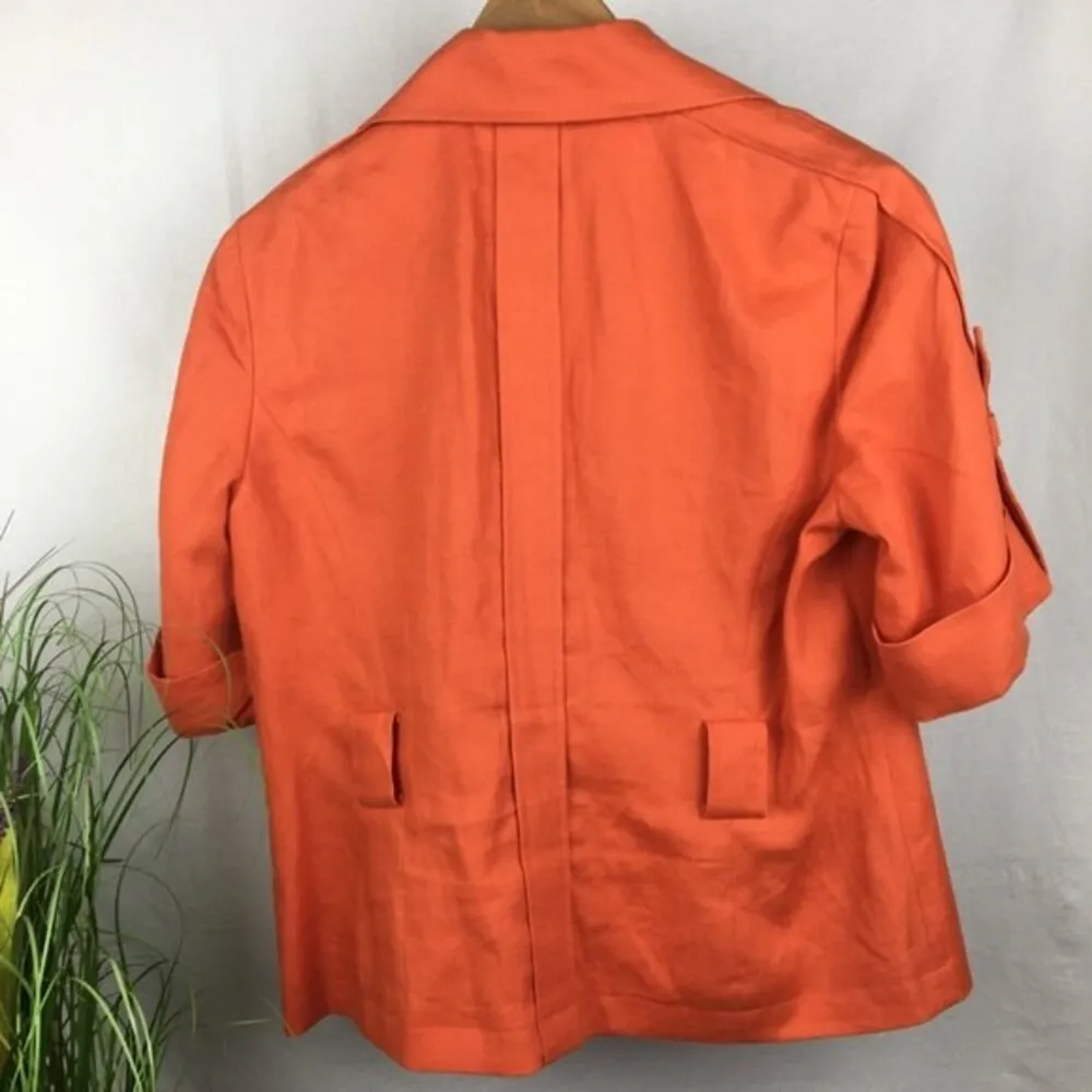 Anne Klein 100% Linen Button Orange Tangerine Utility Short Sleeve Jacket Top 8 - Image 2